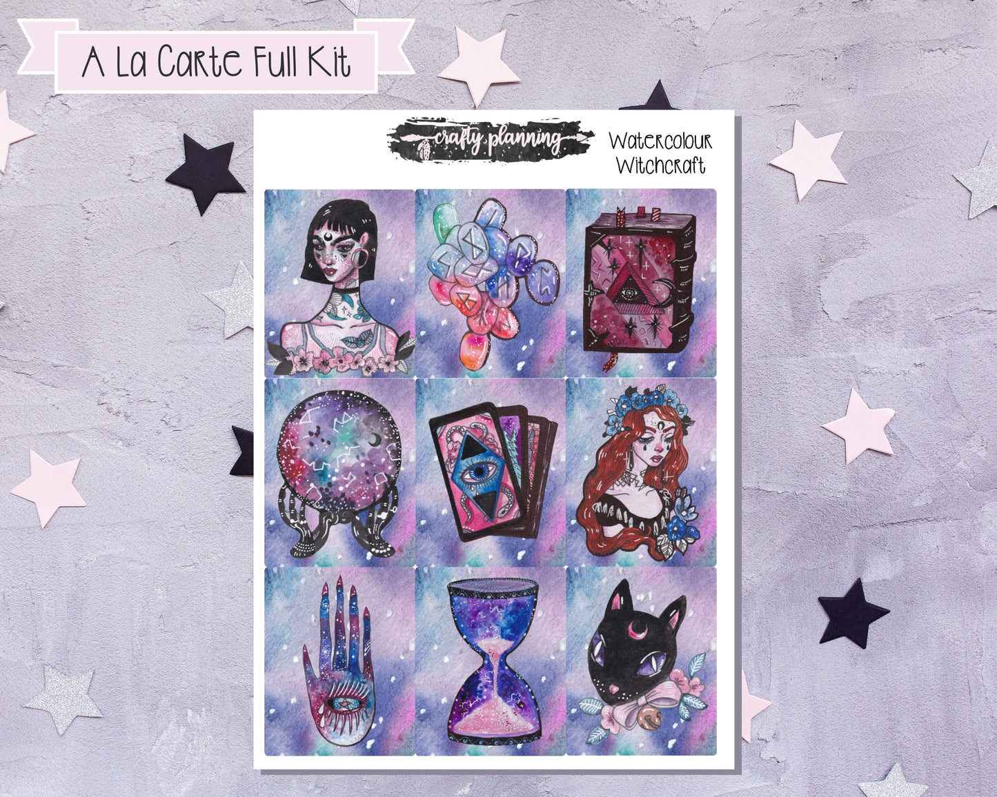 Watercolour Witchcraft Planner Kit, Weekly Planner Kit, Witchcraft Stickers, Gothic Stickers, Tarot Stickers, Planner Stickers