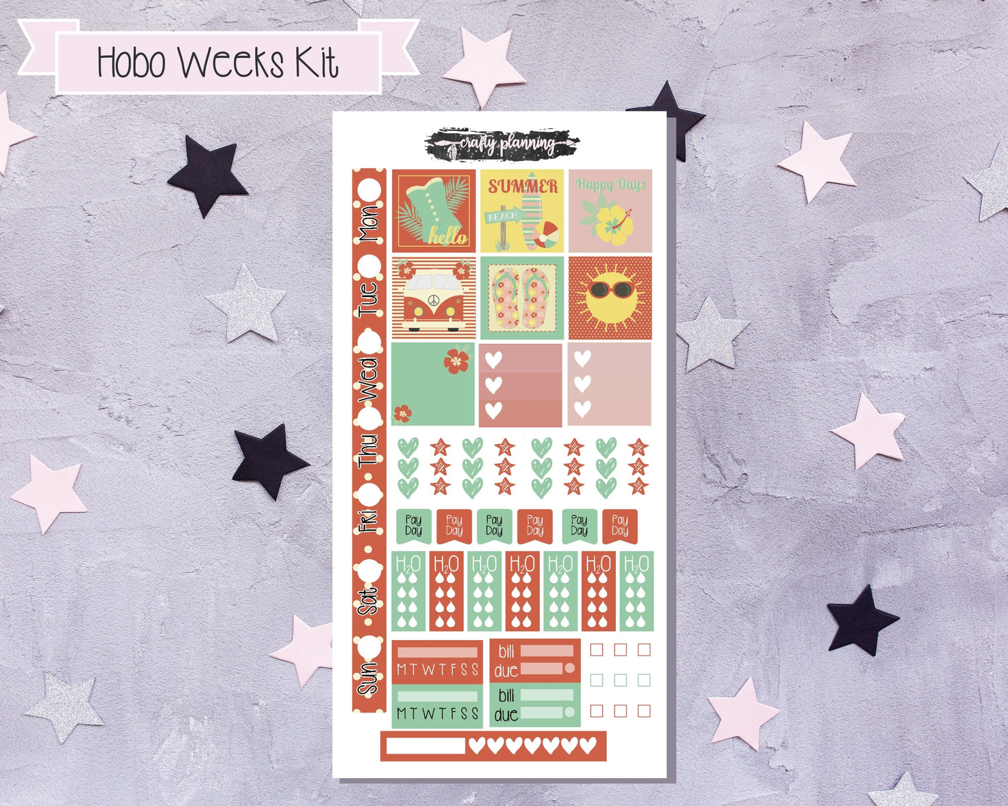 Retro Summer Hobonichi Kit, Summer Stickers, Planner Stickers, Hobonichi Weeks, Beach Planner Kit