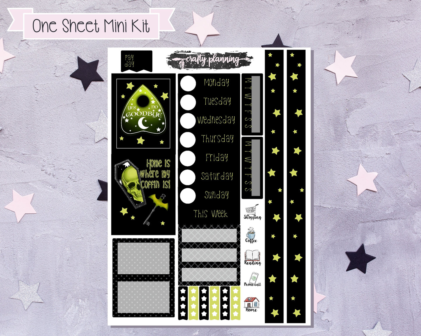 Green Goth Mini Kit, Blackout Mini Kit, One Sheet Mini Kit, Ouija Stickers, Witchcraft Stickers, Gothic Stickers, Planner Stickers