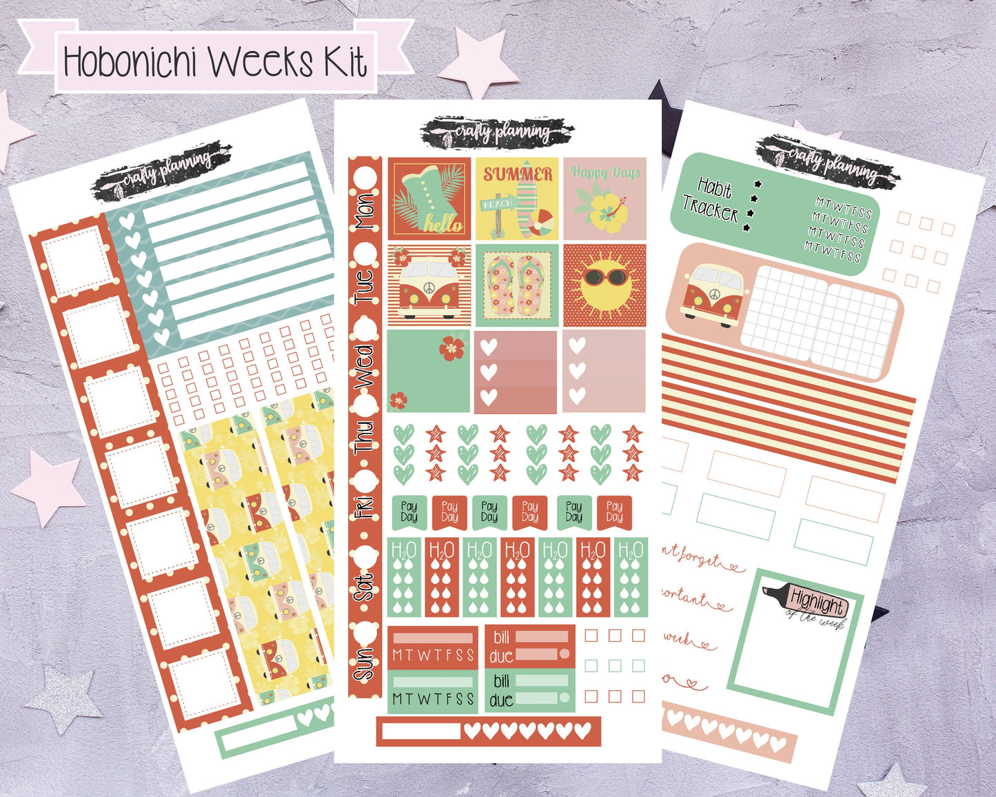 Retro Summer Hobonichi Kit, Summer Stickers, Planner Stickers, Hobonichi Weeks, Beach Planner Kit