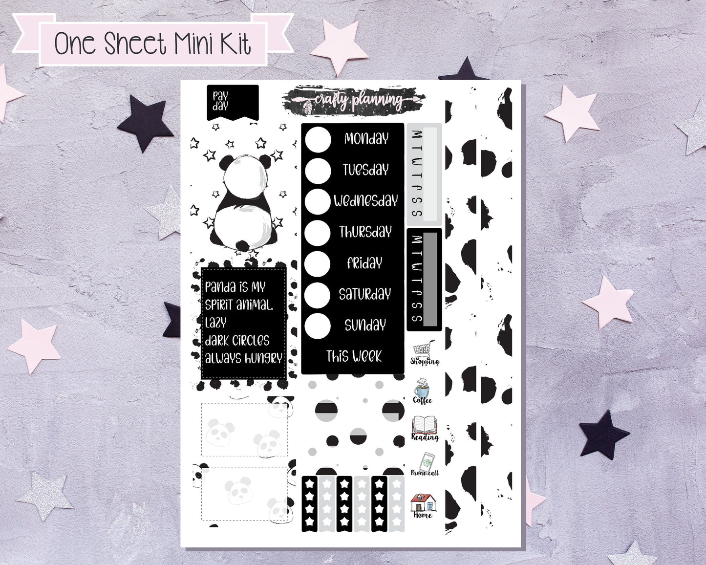 Panda Planner Kit, Panda Stickers, Monochrome Planner Kit, Planner Stickers, One Sheet Mini Kit