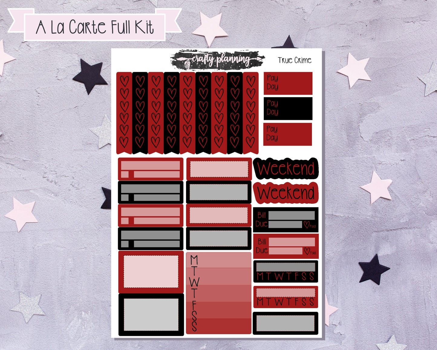 True Crime Weekly Planner Kit, Standard Vertical Kit, Planner Stickers, Gothic Planner Stickers