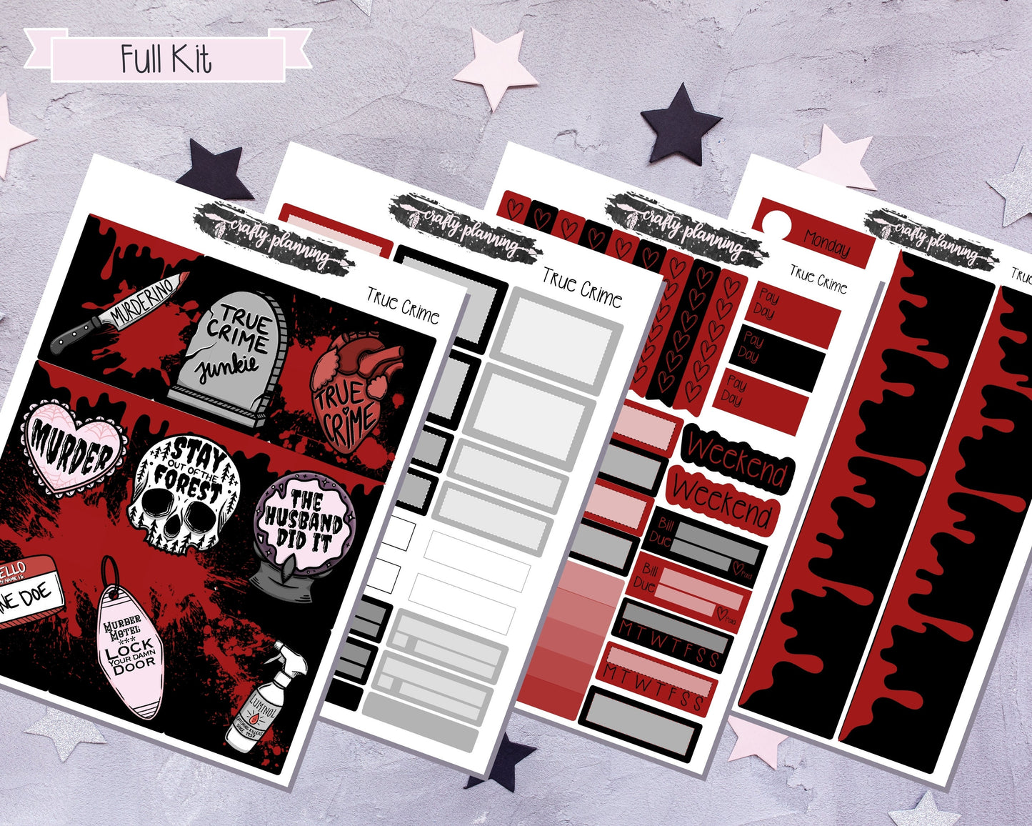 True Crime Weekly Planner Kit, Standard Vertical Kit, Planner Stickers, Gothic Planner Stickers