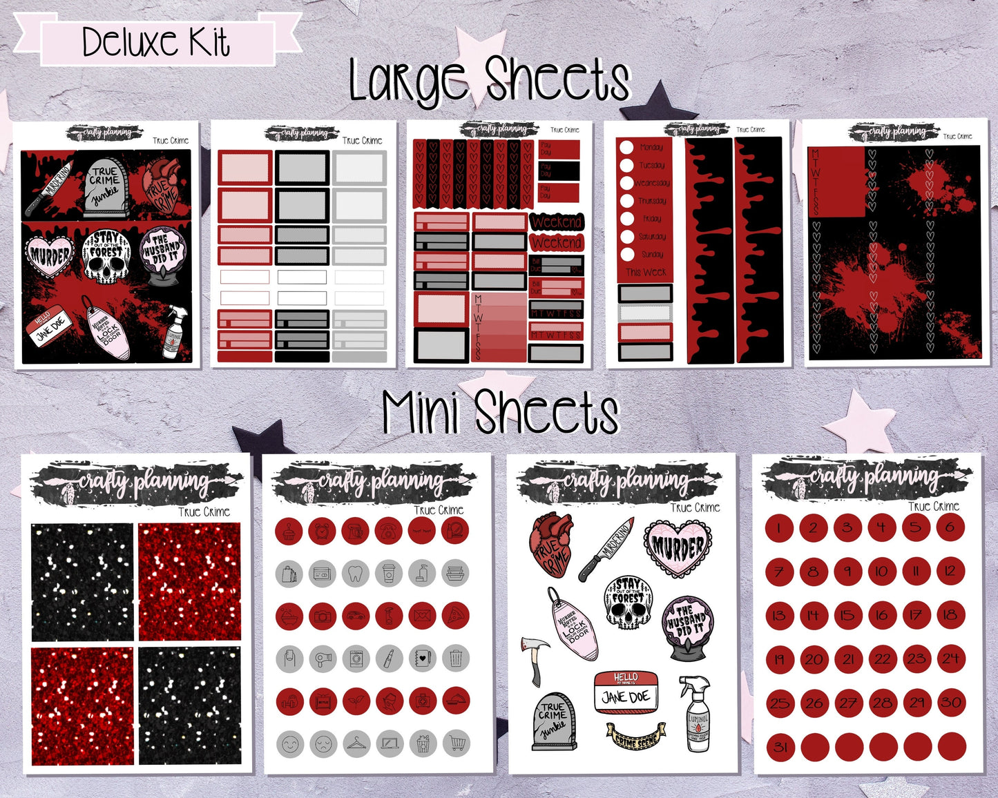 True Crime Weekly Planner Kit, Standard Vertical Kit, Planner Stickers, Gothic Planner Stickers