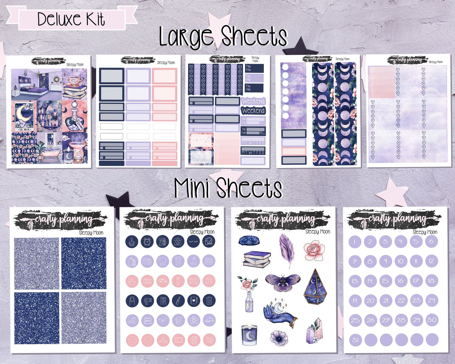 Sleepy Moon Weekly Planner Kit, Standard Vertical, Witchcraft Stickers, Moon Stickers, A La Carte Kit, Deluxe Planner Kit