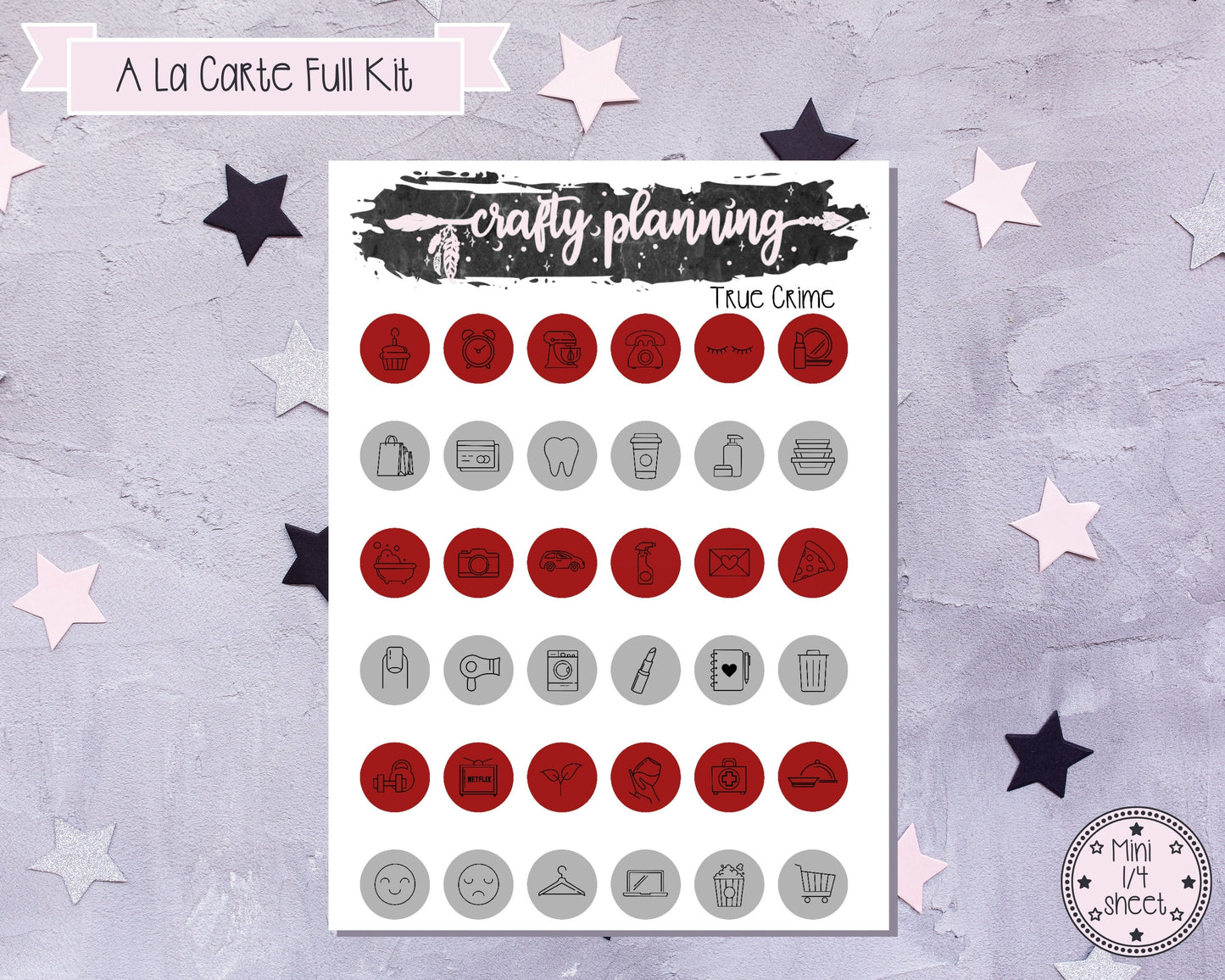 True Crime Weekly Planner Kit, Standard Vertical Kit, Planner Stickers, Gothic Planner Stickers