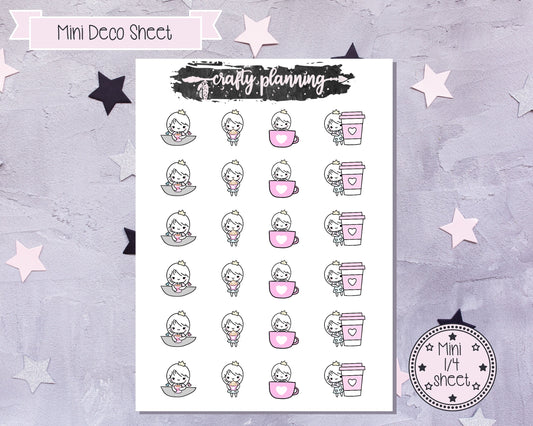 Coffee Stickers, Character Stickers, Planner Stickers, Pink Stickers, Pastel Stickers, Coffee Princess Stickers