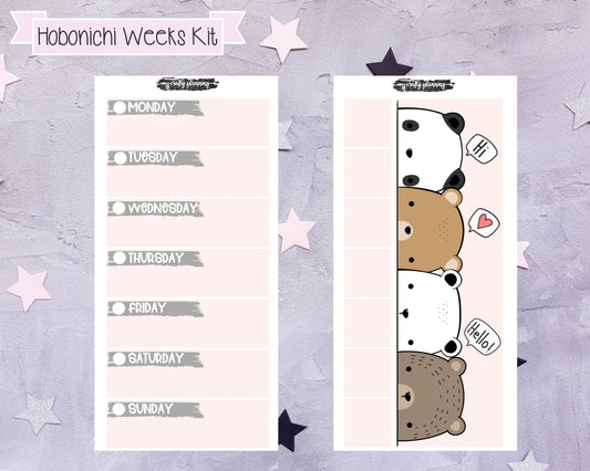 Hobonichi Weeks Kit, Weekly Planner Kit, Pastel Planner Kit, Retro Planner Stickers, Peekaboo Bear