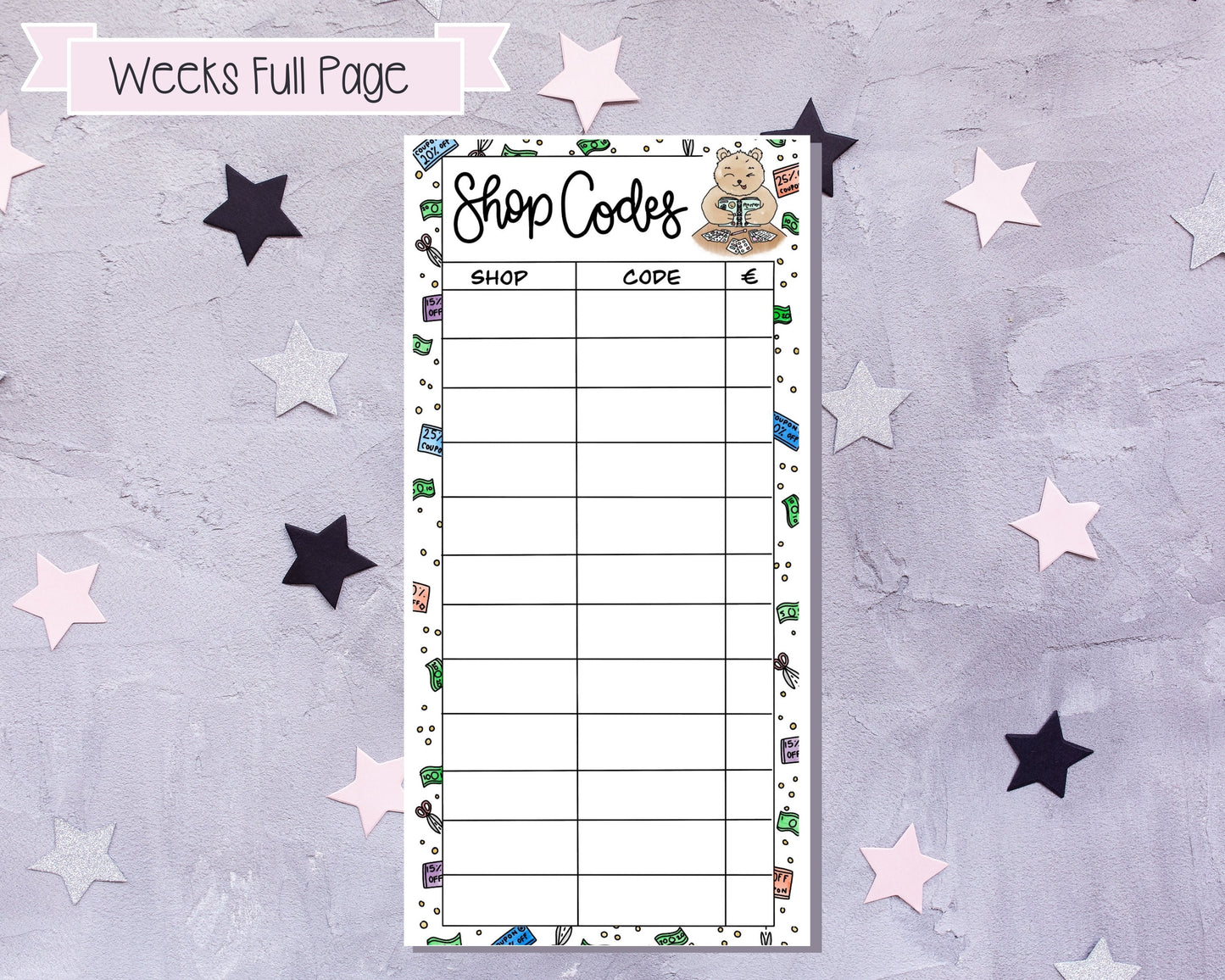 Full Page Sticker, Discount Code Tracker, Sale Shopping List, Hobonichi Weeks, PP Weeks, Notes Page Stickers, Planner Stickers
