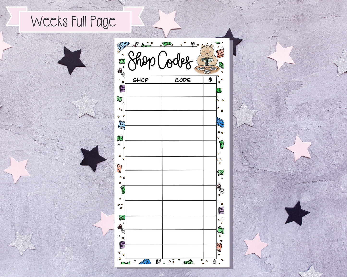 Full Page Sticker, Discount Code Tracker, Sale Shopping List, Hobonichi Weeks, PP Weeks, Notes Page Stickers, Planner Stickers