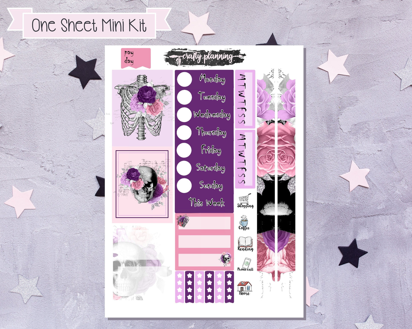 Skeleton Mini Kit, One Sheet Mini Kit, Gothic Stickers, Witchcraft Stickers, Skull Stickers, Planner Stickers, Pink & Purple