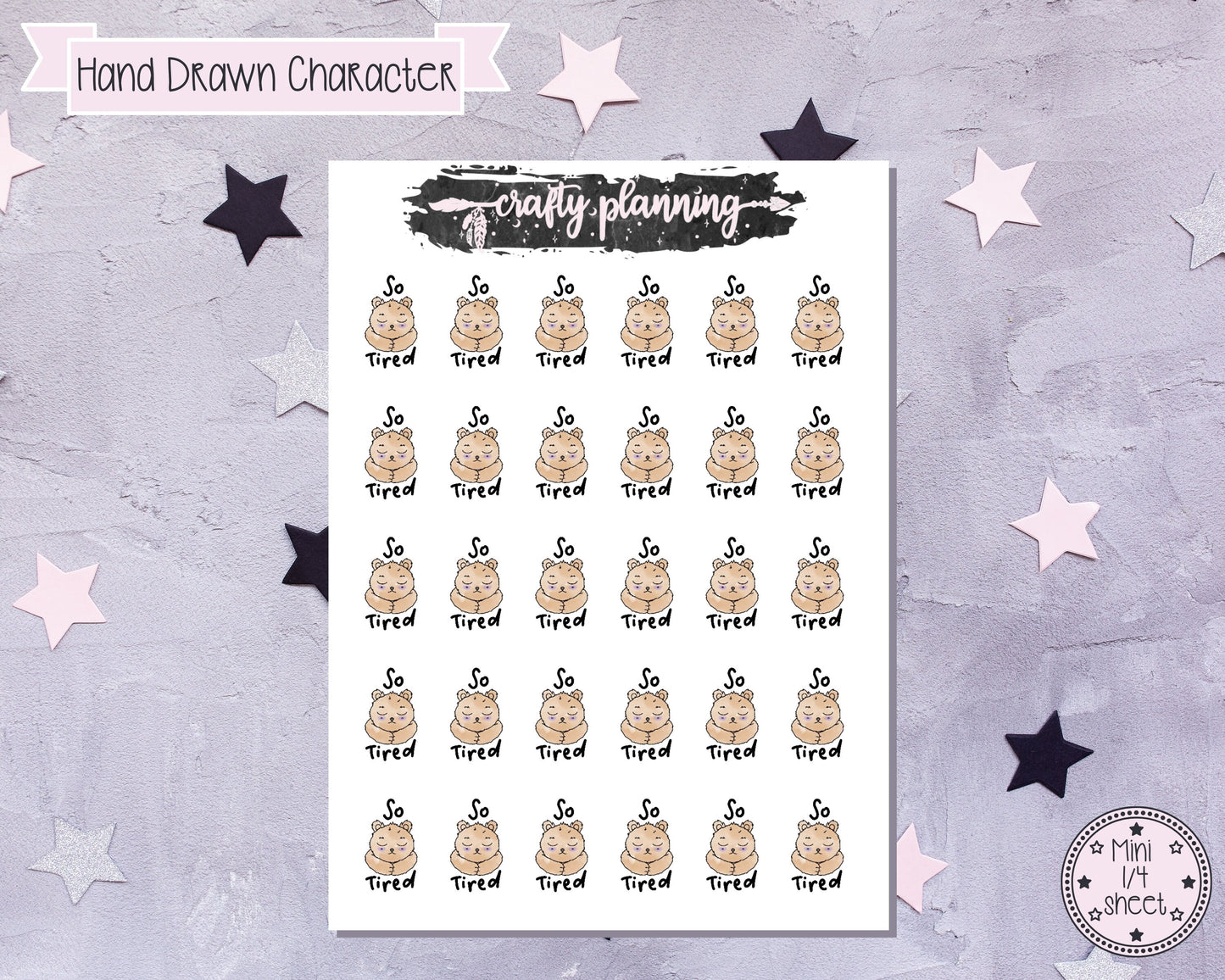 So Tired Stickers, Crafty Bear, Hand Drawn Character, Planner Stickers, Character Stickers, Mood Stickers, Mood Tracking, Insomnia Stickers
