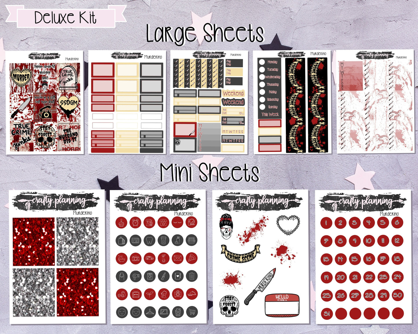 True Crime Weekly Planner Kit, Standard Vertical Kit, Planner Stickers, Gothic Planner Stickers, Murderino
