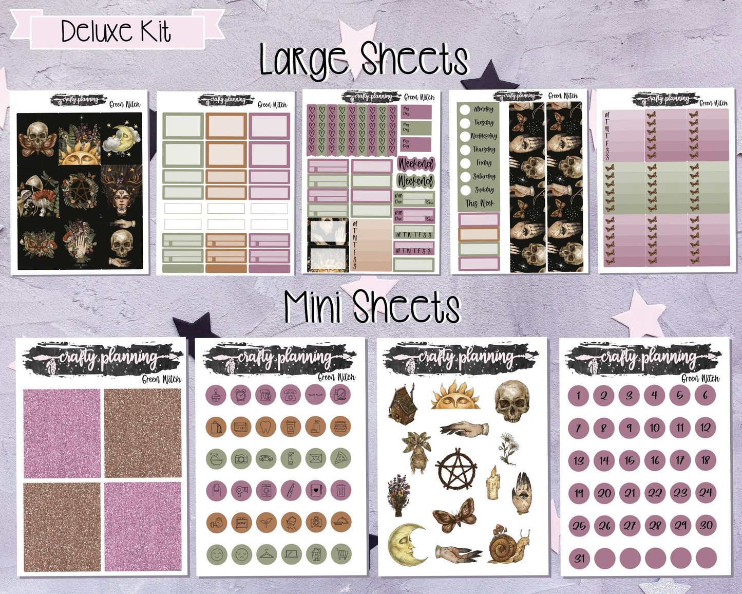 Green Witch Weekly Planner Kit, Standard Vertical, Witchcraft Stickers, Occult Stickers, A La Carte Kit, Deluxe Planner Kit