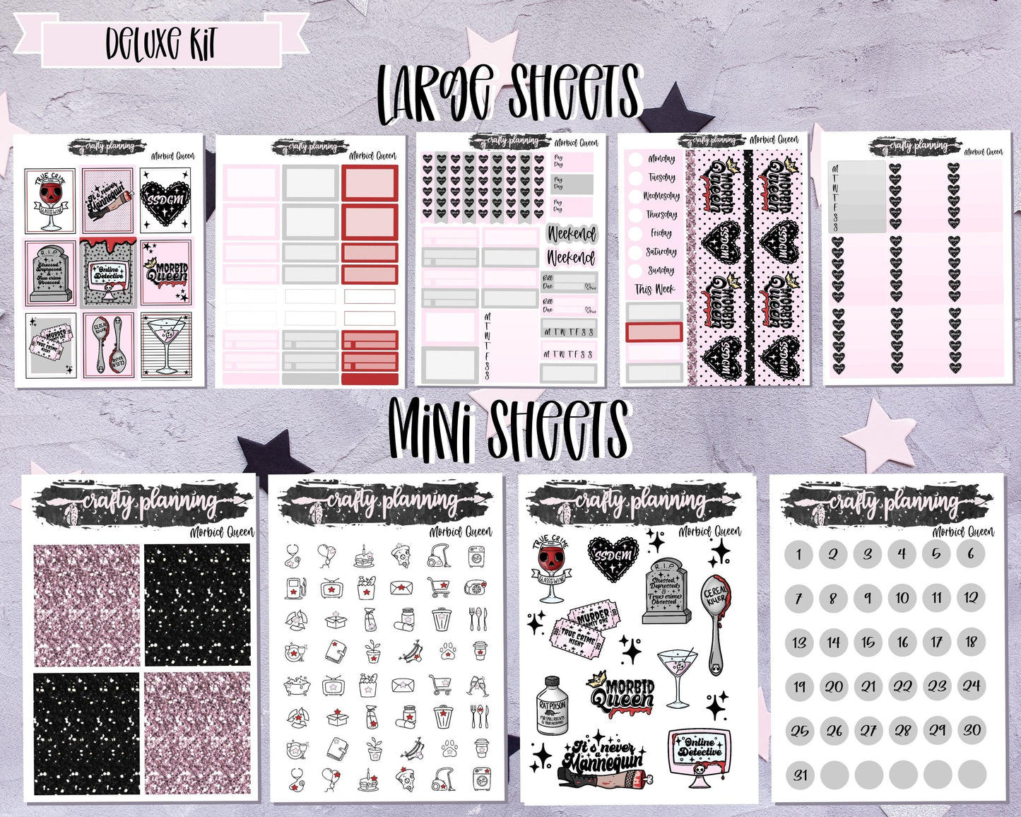 True Crime Weekly Planner Kit, Standard Vertical Kit, Planner Stickers, Gothic Planner Stickers