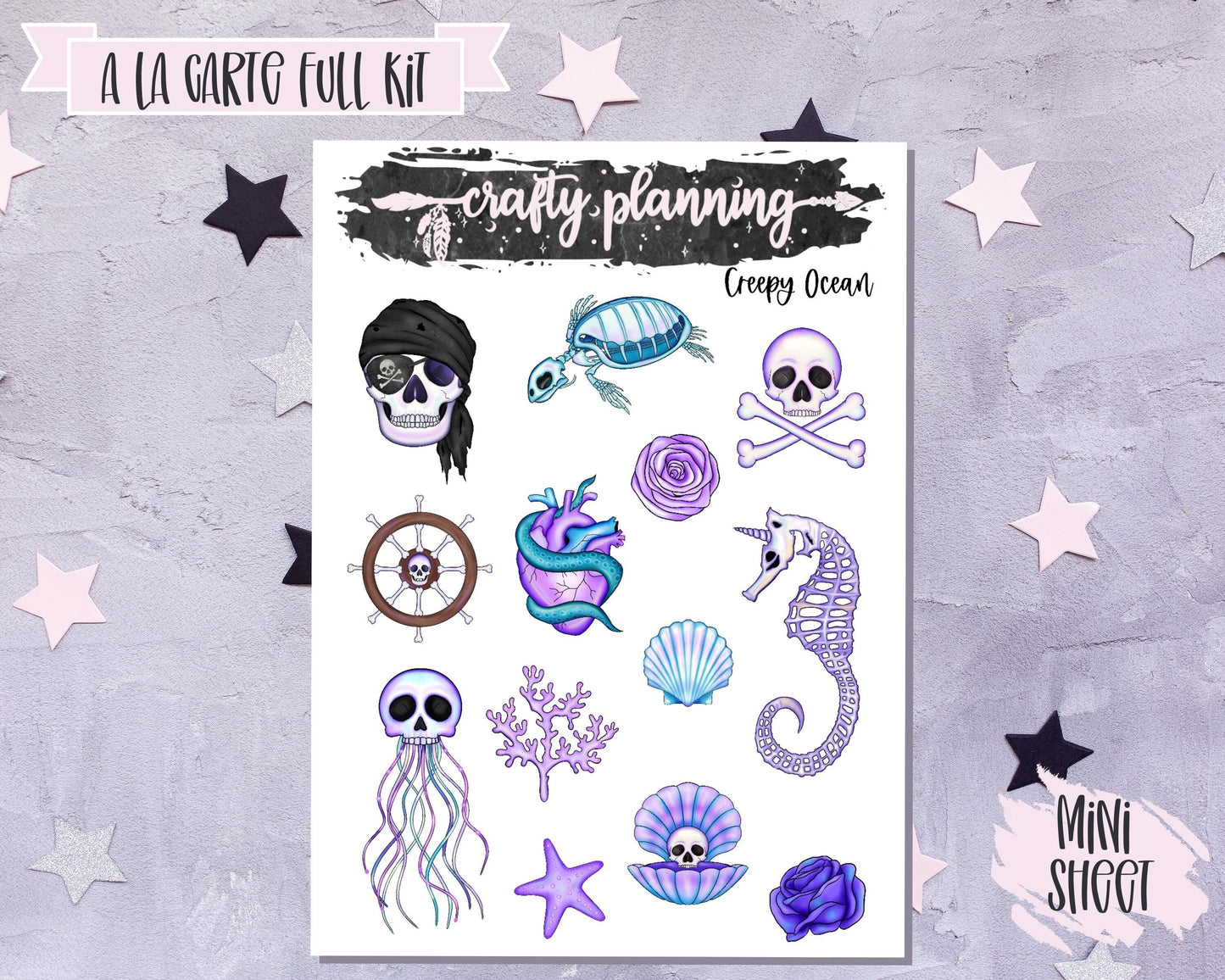 Gothic Stickers, Goth Planner, Pirate Stickers, Octopus Stickers, Sealife Stickers, Vertical Planner Kit