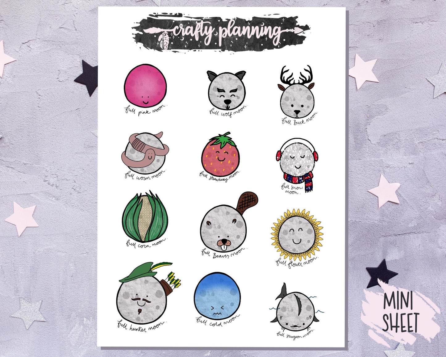 Moon Stickers, Witchcraft Stickers, Moon Phase Stickers, Pagan Stickers, Hand Drawn Stickers, Book Of Shadows, Moon Names, Planner Stickers