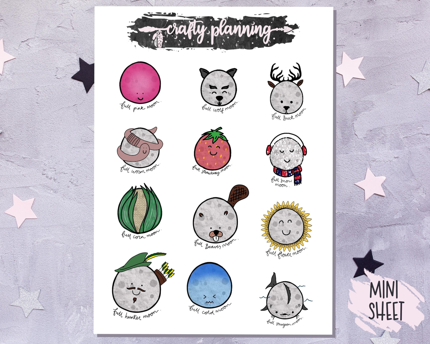 Super Moon Names - Hand Drawn - Large & Mini Sticker Sheets