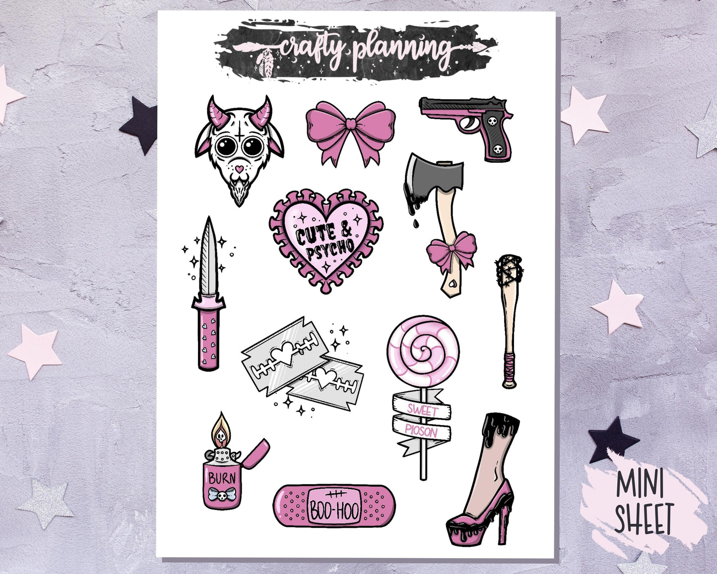 Goth Stickers, Gothic Stickers, Cute and Psycho, Spooky Stickers, Creepy Stickers, Journal Stickers, Scrapbook Stickers