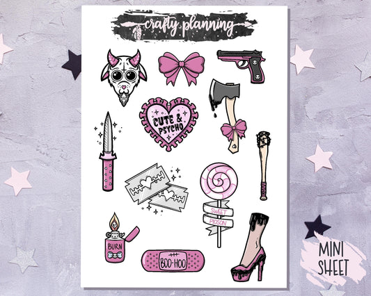 Goth Stickers, Gothic Stickers, Cute and Psycho, Spooky Stickers, Creepy Stickers, Journal Stickers, Scrapbook Stickers