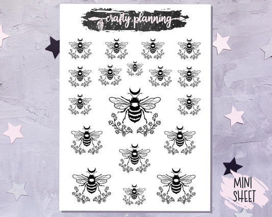 Moon Bee, Monochrome Stickers, Bee Stickers, Moon Stickers, Witchcraft Stickers, Witch Stickers, Goth Stickers, Black & White